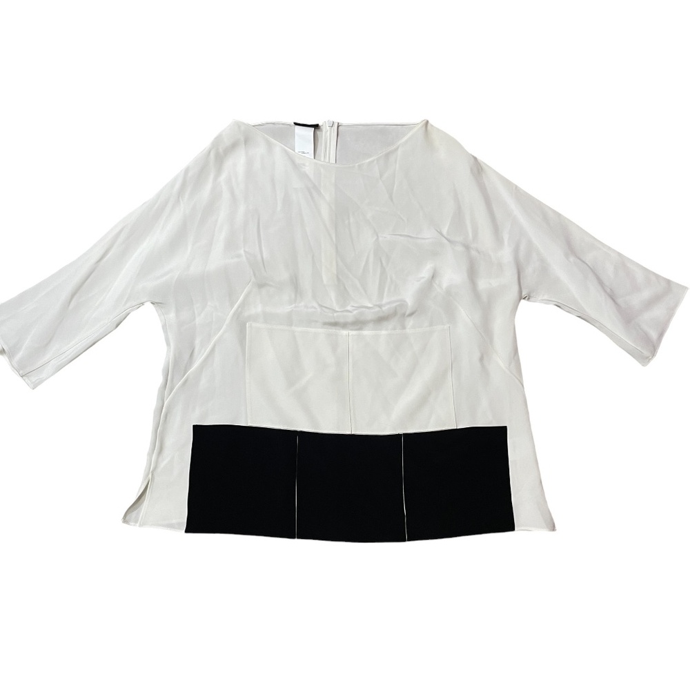 Akris 14 Ivory Black 100% Mulberry Silk 3/4 Sleeve Back‎ Zip Ladies Blouse